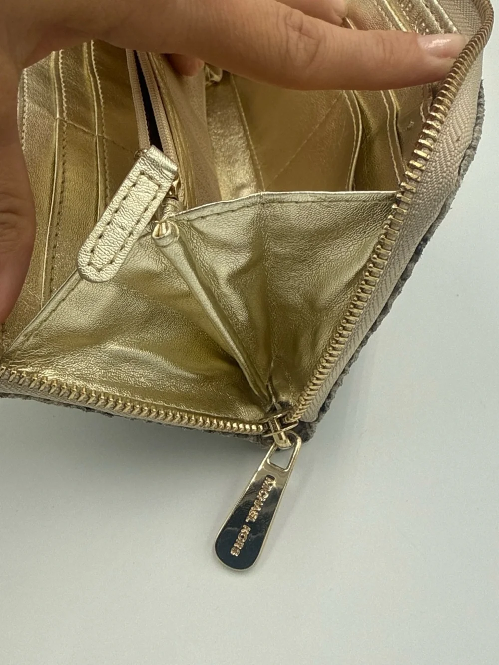 Michael Kors Taupe and Black Exotic Snake Skin Zip Wallet with Gold Plaque